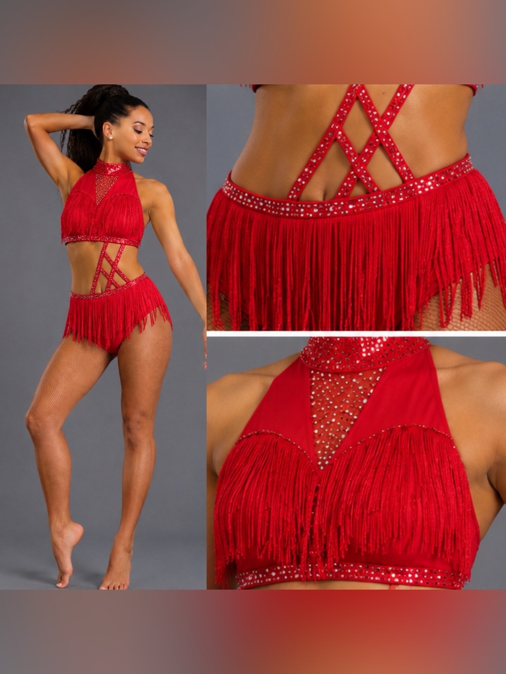 Glamour solo dance costume red fringe rhinestone jazz contemporary flapper XLA